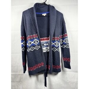 Medina Fair Isle Navy Blue Hooded Open Cardigan Sweater Size XS